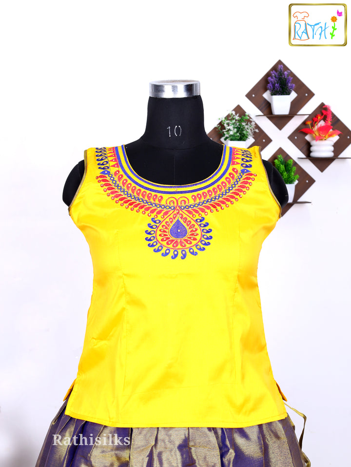 Yellow Embroidered Karishma Top with Purple Art Silk Pavadai Set