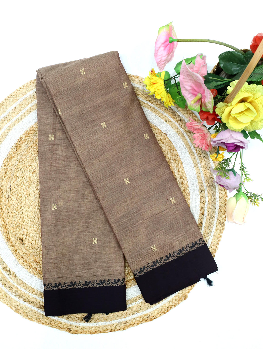 Brown Cotton Saree With Contrast Border