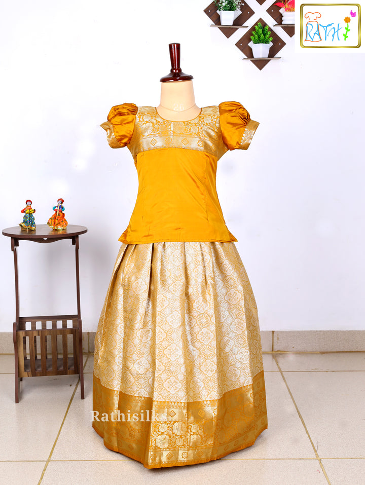 Mustard Yellow Karishma Top with Cream & Gold Art Silk Pavadai Set