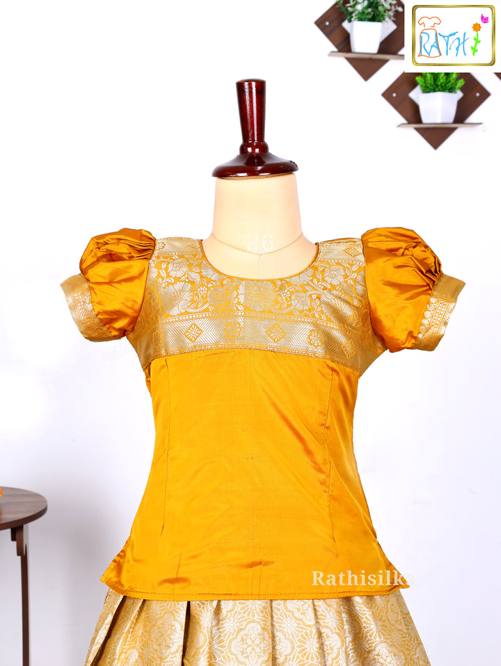 Mustard Yellow Karishma Top with Cream & Gold Art Silk Pavadai Set