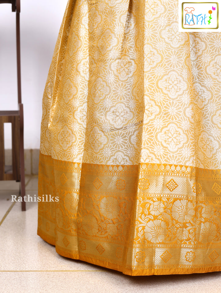 Mustard Yellow Karishma Top with Cream & Gold Art Silk Pavadai Set