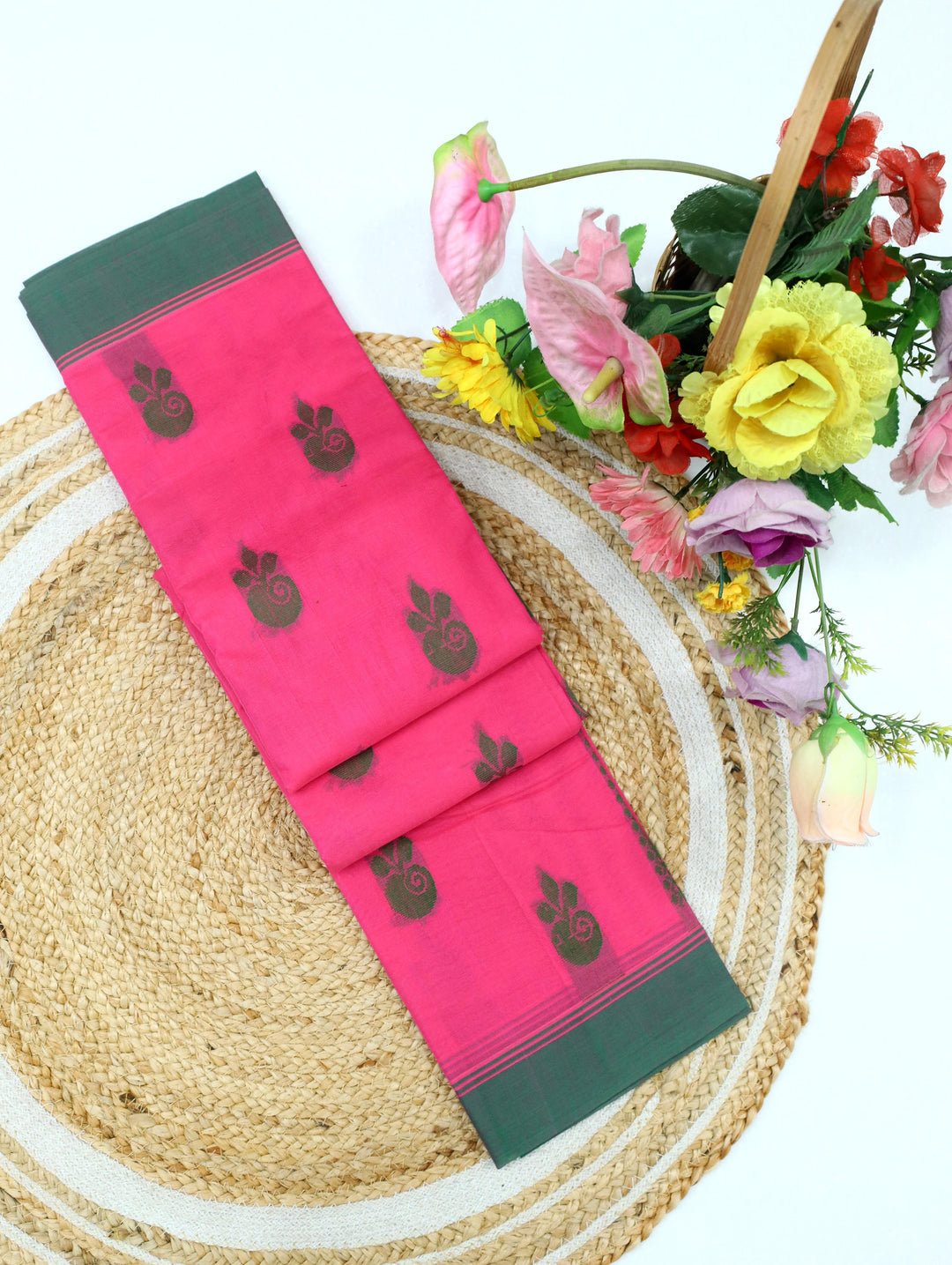 Bright Rose Pink Cotton Saree