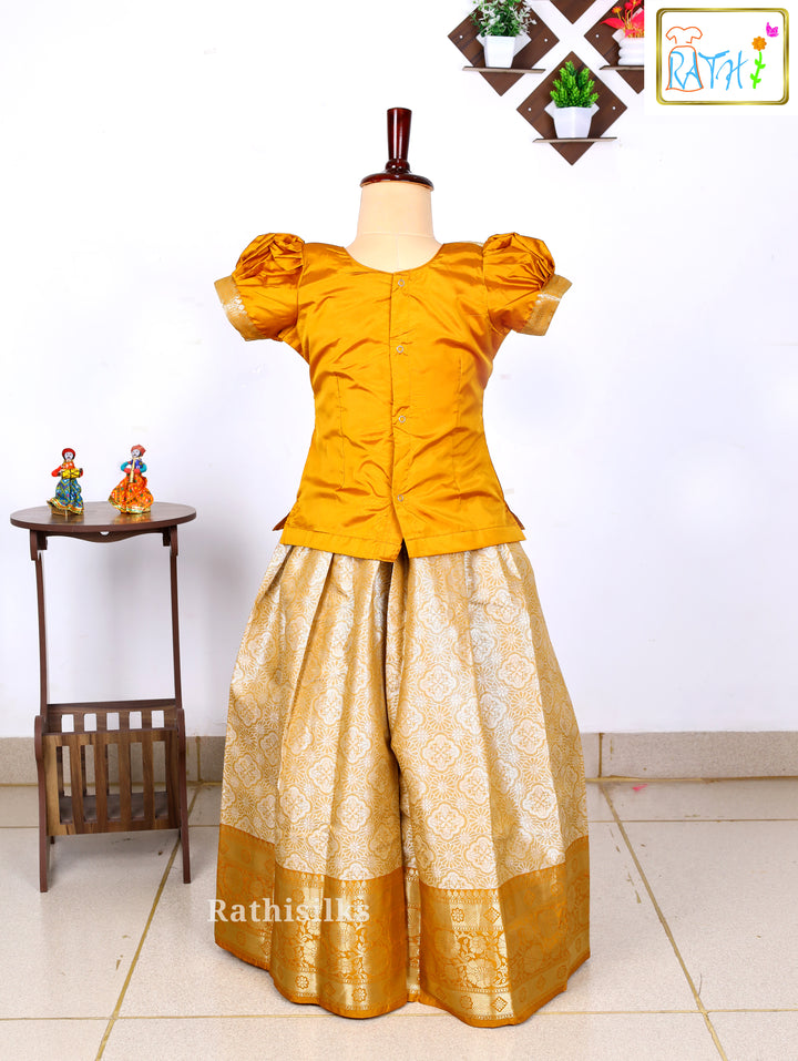 Mustard Yellow Karishma Top with Cream & Gold Art Silk Pavadai Set
