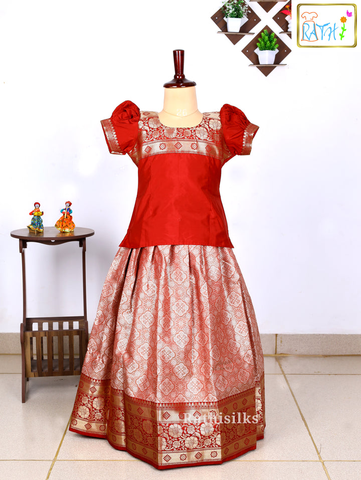 Red Karishma Top with Rose Gold Art Silk Pavadai Set