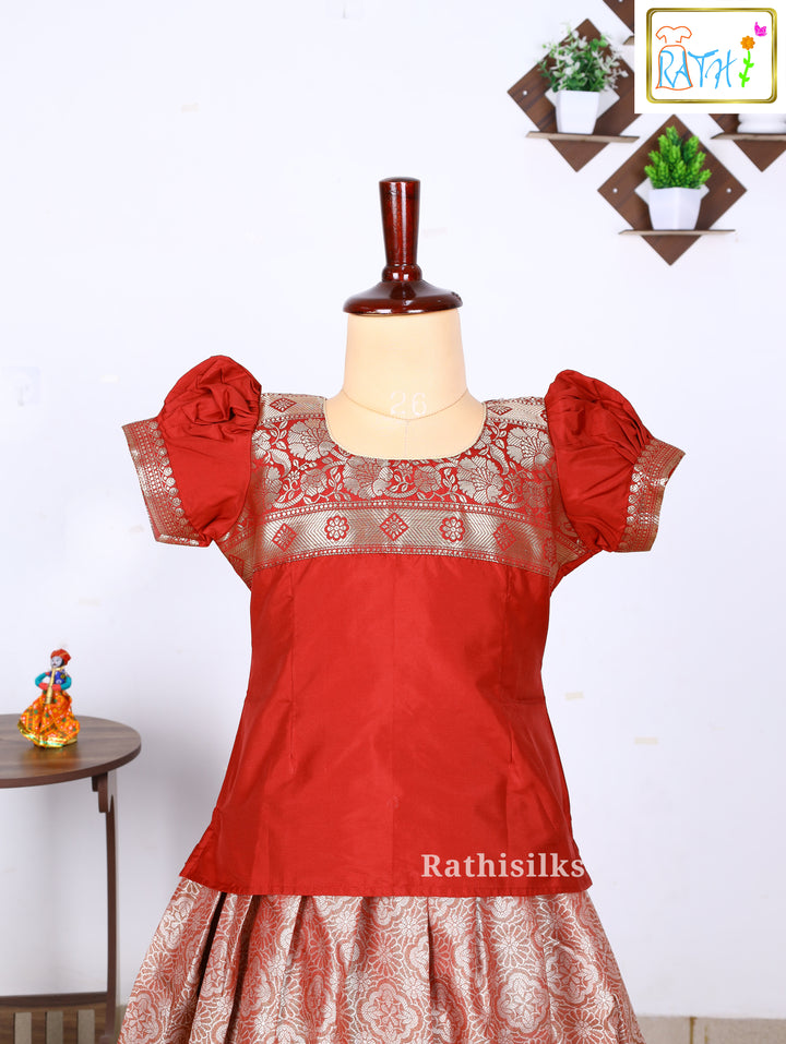 Red Karishma Top with Rose Gold Art Silk Pavadai Set