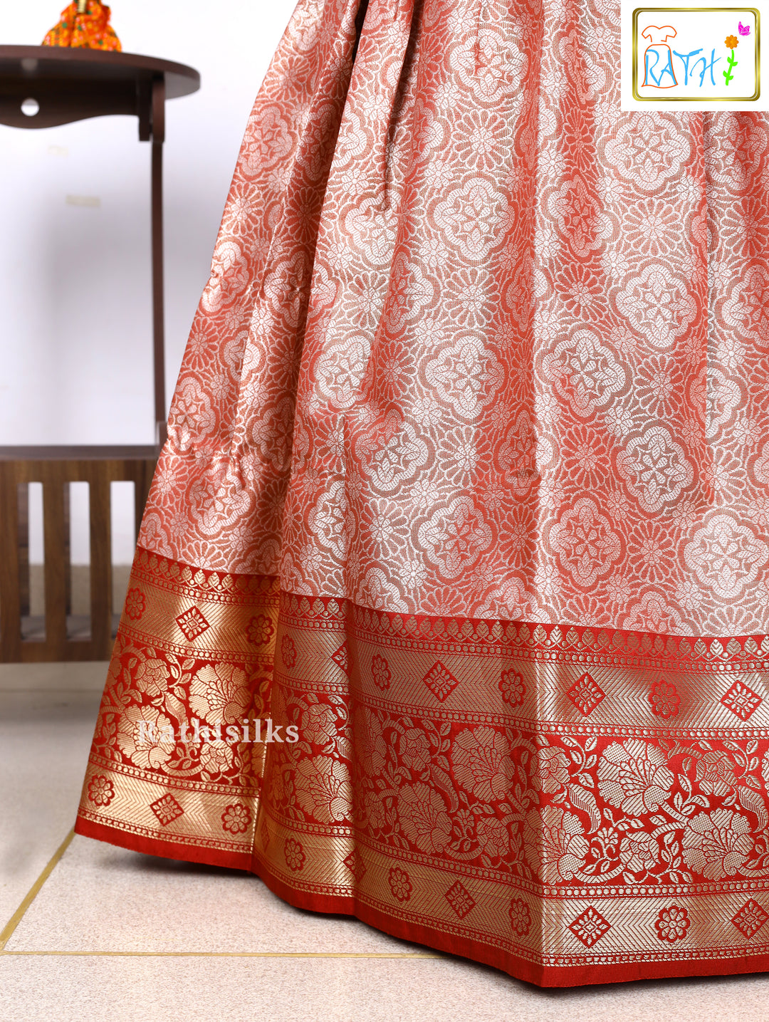 Red Karishma Top with Rose Gold Art Silk Pavadai Set