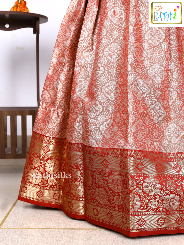 Red Karishma Top with Rose Gold Art Silk Pavadai Set