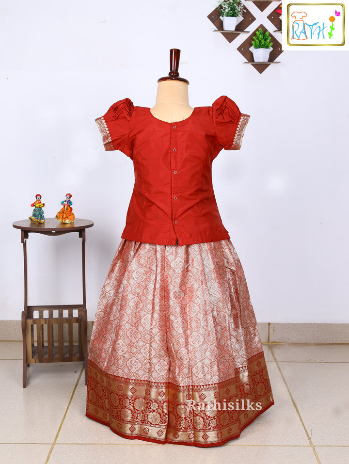 Red Karishma Top with Rose Gold Art Silk Pavadai Set