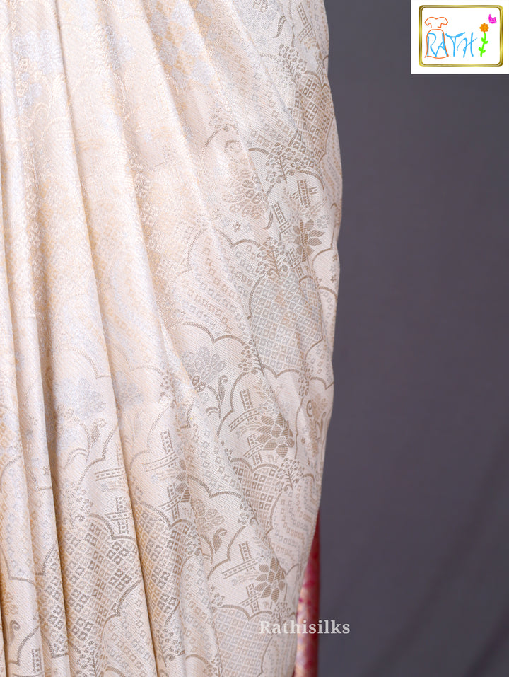 Cream & Maroon Banarasi Soft Silk Saree