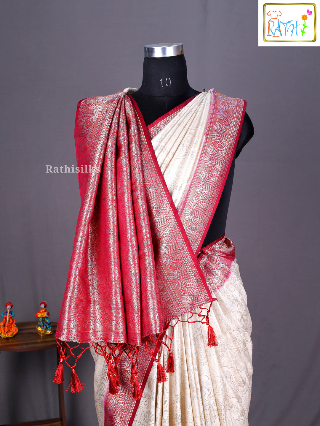 Cream & Maroon Banarasi Soft Silk Saree