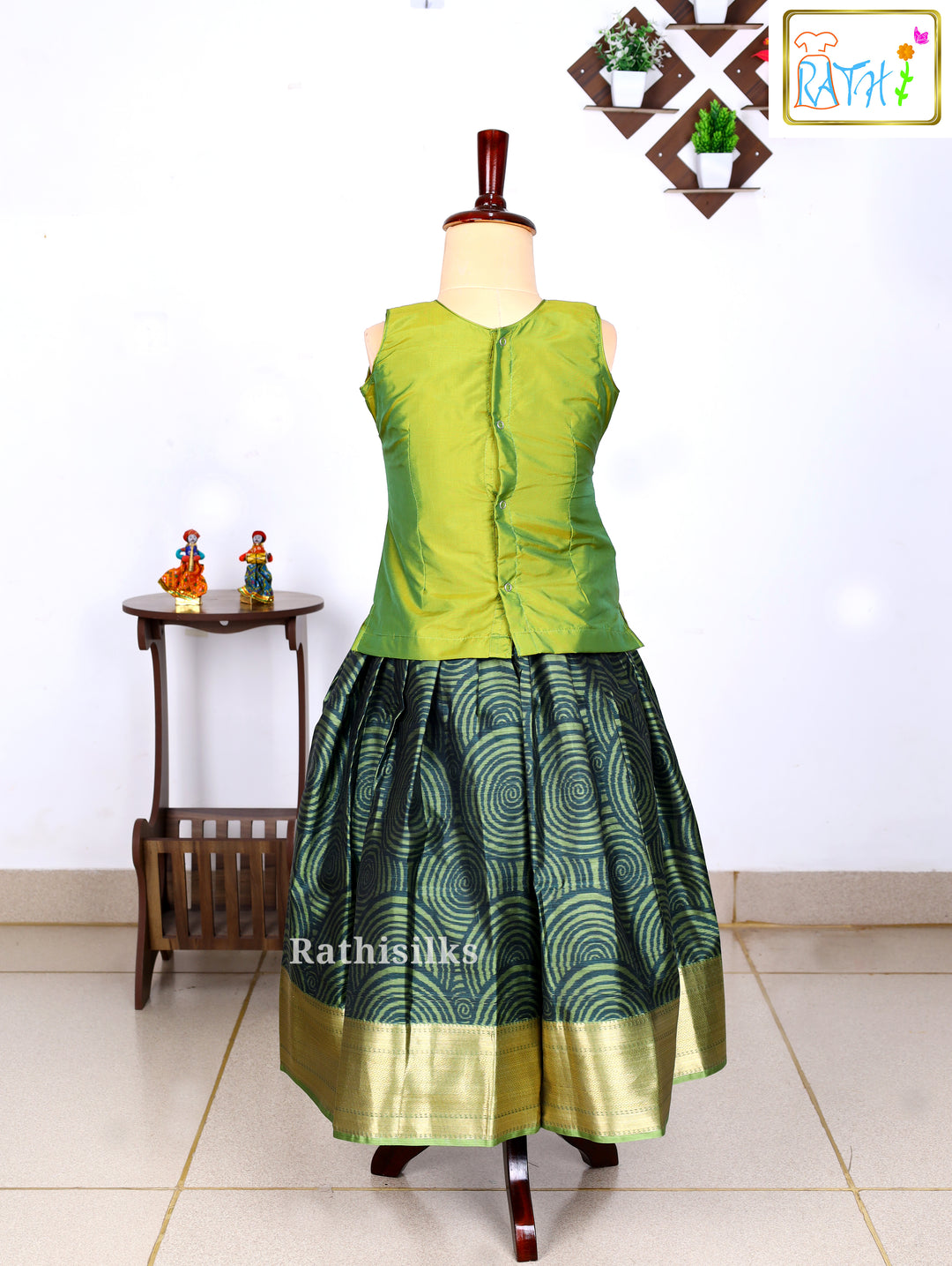 Green Karishma Top with Printed Art Silk Pavadai Set