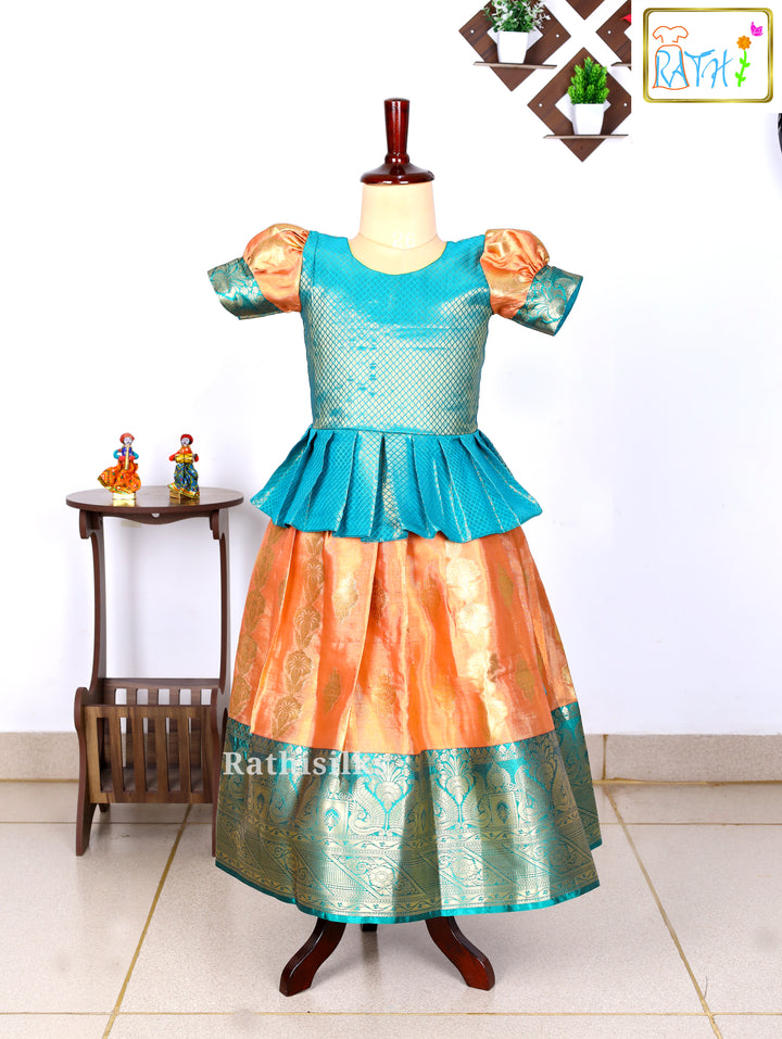 Green & Peach Art Silk Pavadai Set
