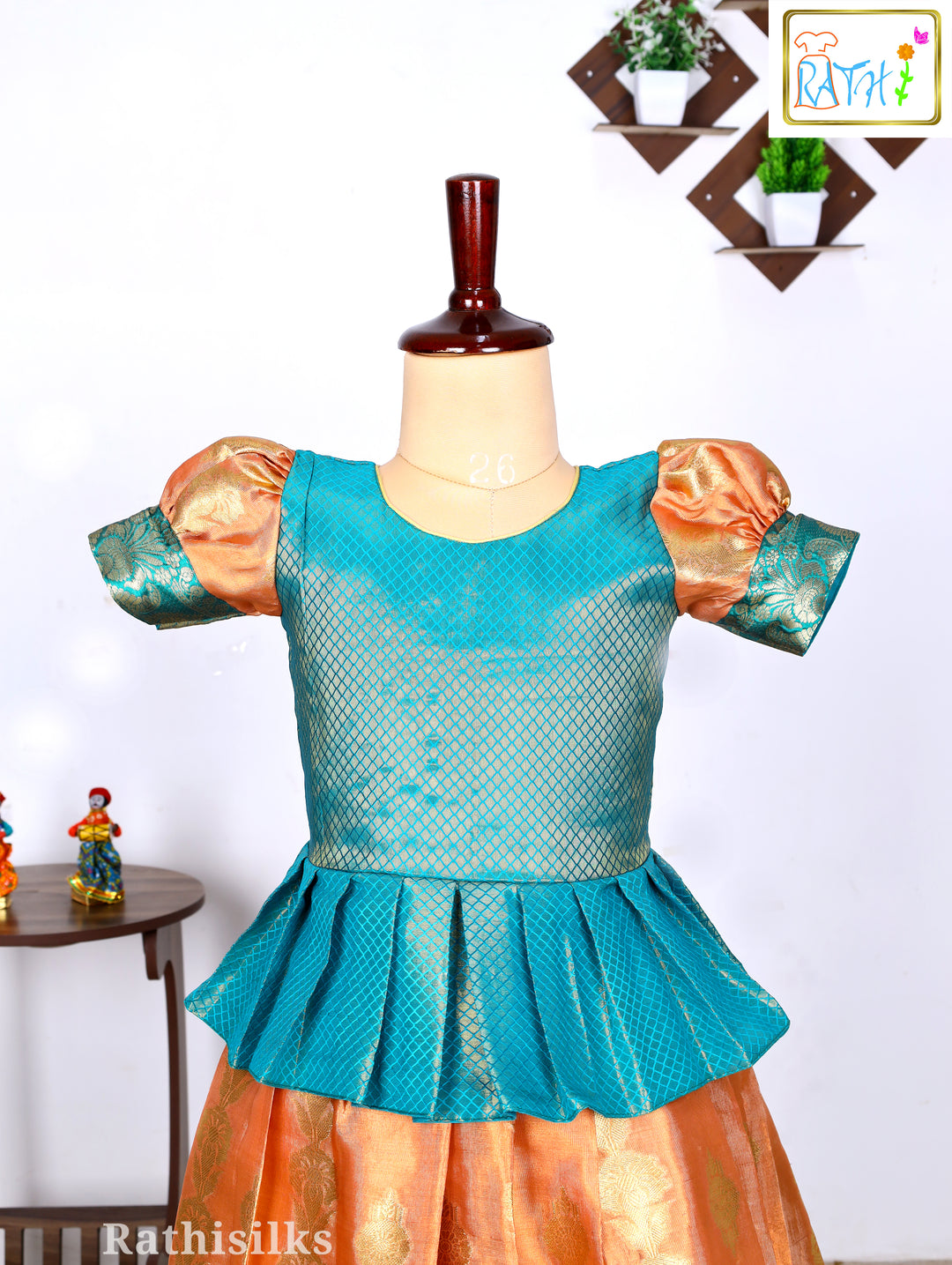 Green & Peach Art Silk Pavadai Set