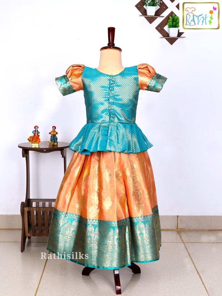 Green & Peach Art Silk Pavadai Set