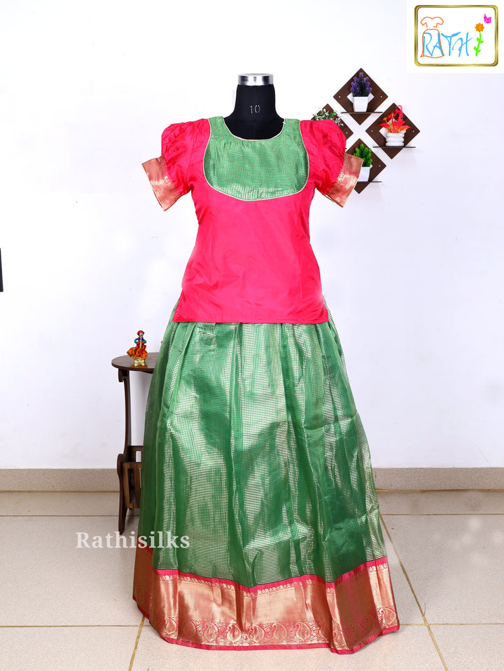 Pink Art Silk Top with Green Art Silk Pavadai Set