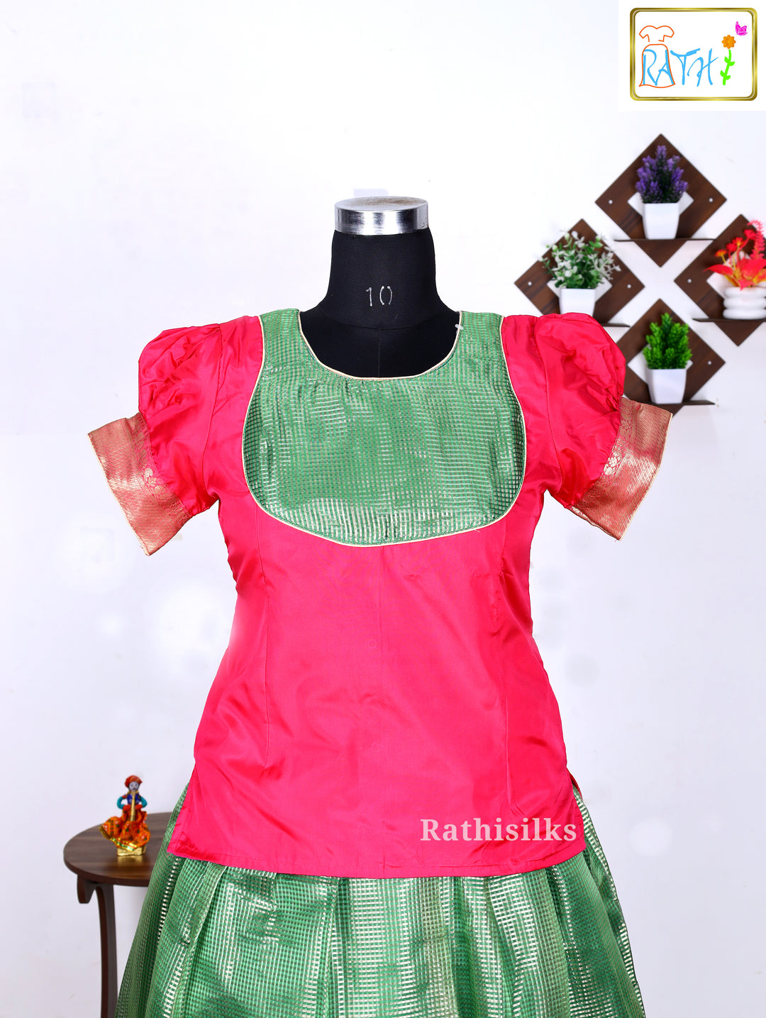 Pink Art Silk Top with Green Art Silk Pavadai Set
