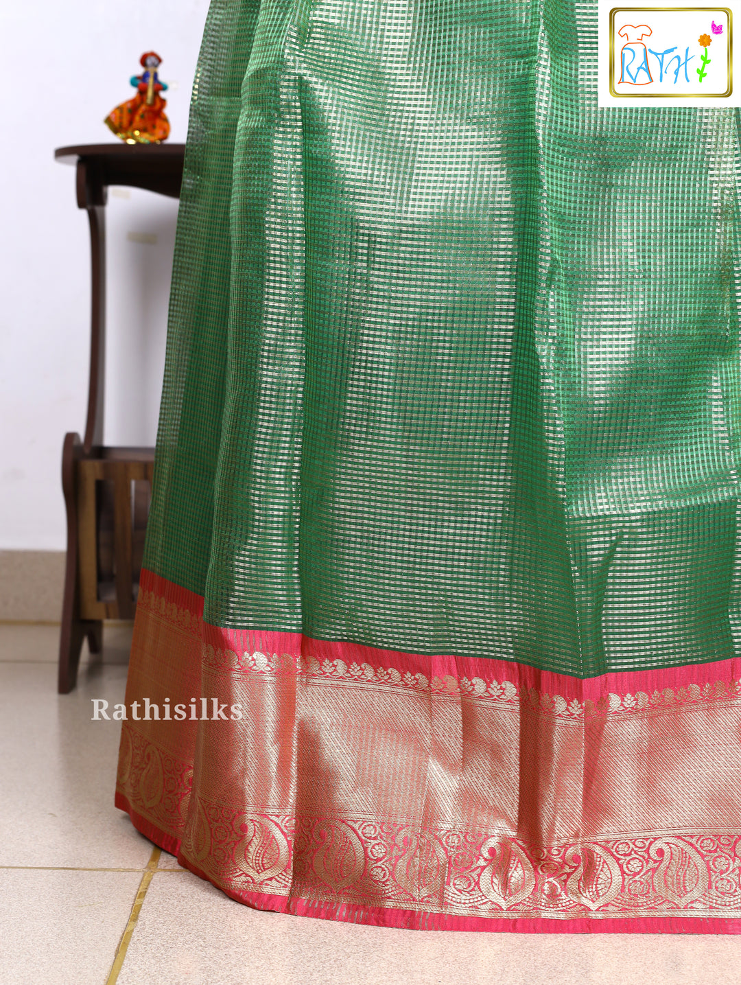 Pink Art Silk Top with Green Art Silk Pavadai Set