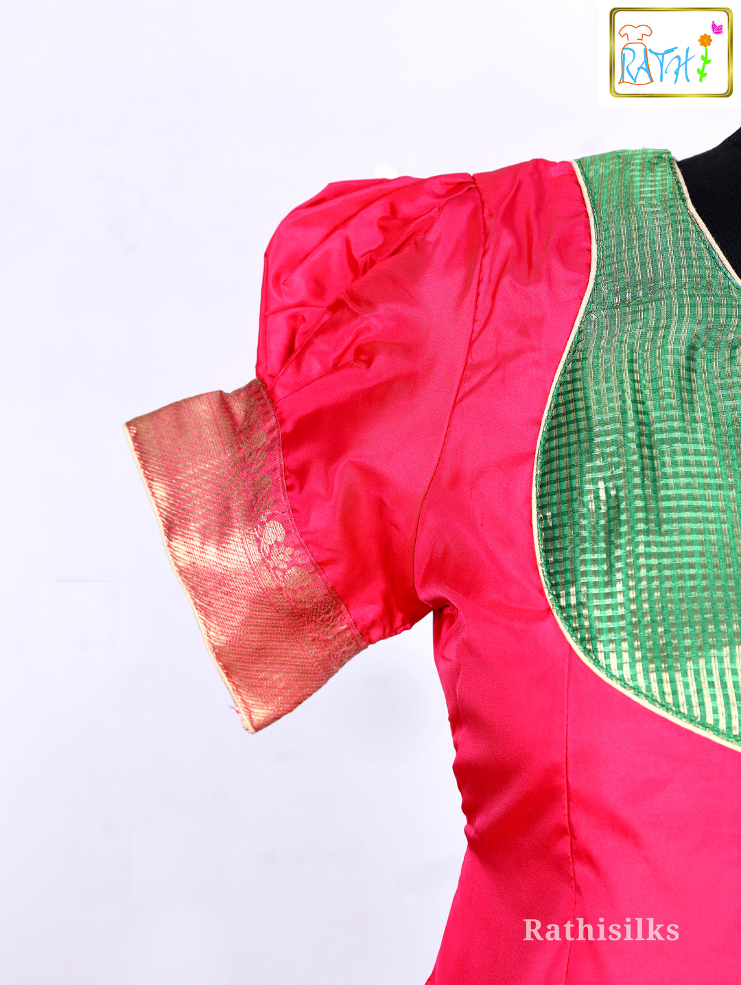 Pink Art Silk Top with Green Art Silk Pavadai Set