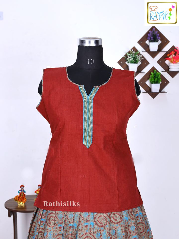 Maroon Mangalagiri Cotton Top with Printed Pavadai Set