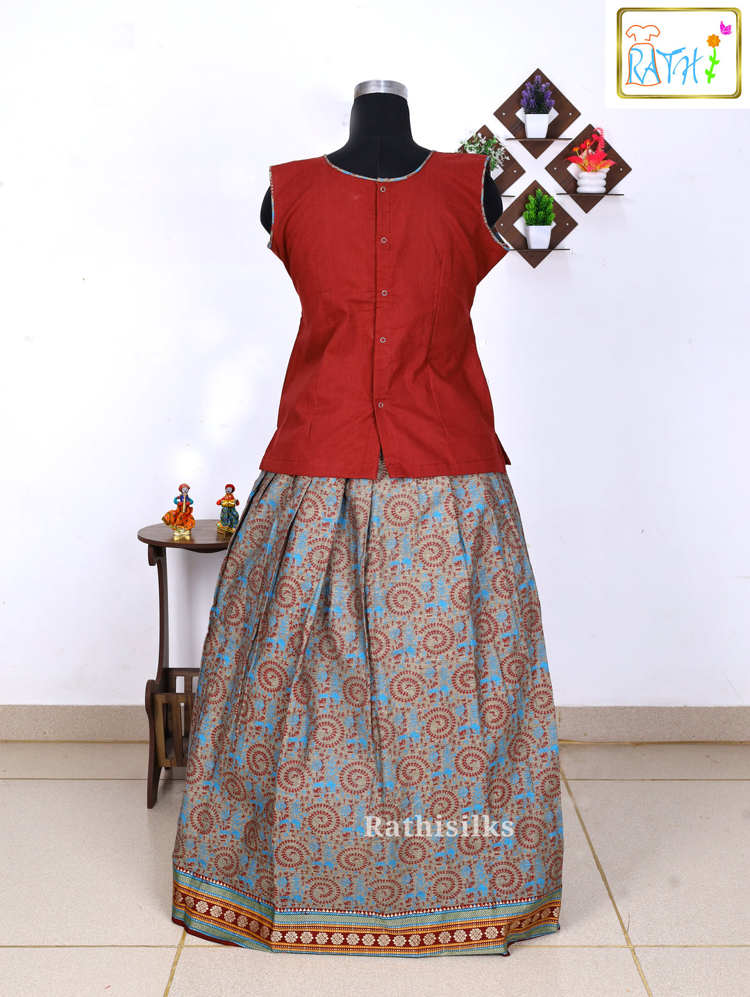 Maroon Mangalagiri Cotton Top with Printed Pavadai Set