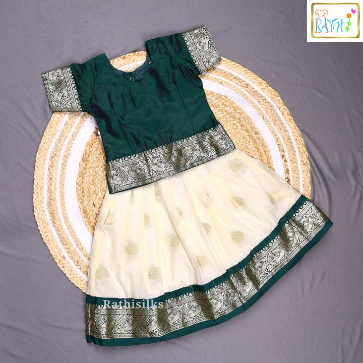 Bottle Green Art Silk Top with Cream Art Silk Pavadai Set