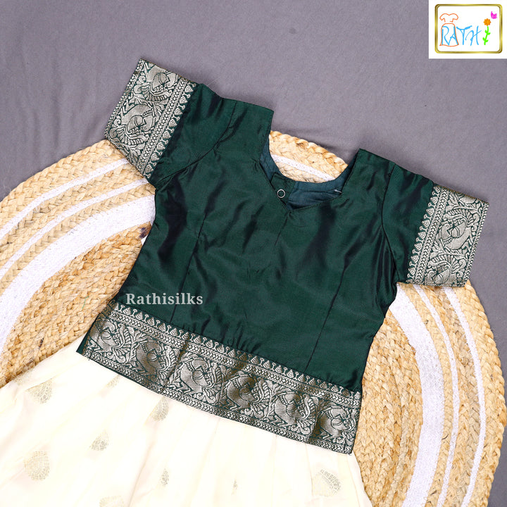 Bottle Green Art Silk Top with Cream Art Silk Pavadai Set