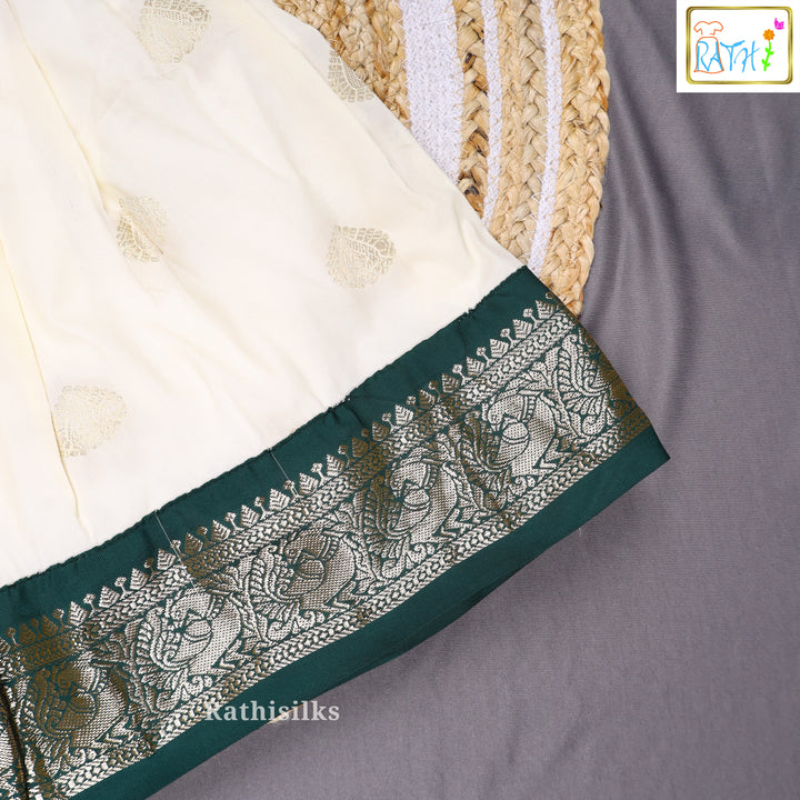 Bottle Green Art Silk Top with Cream Art Silk Pavadai Set