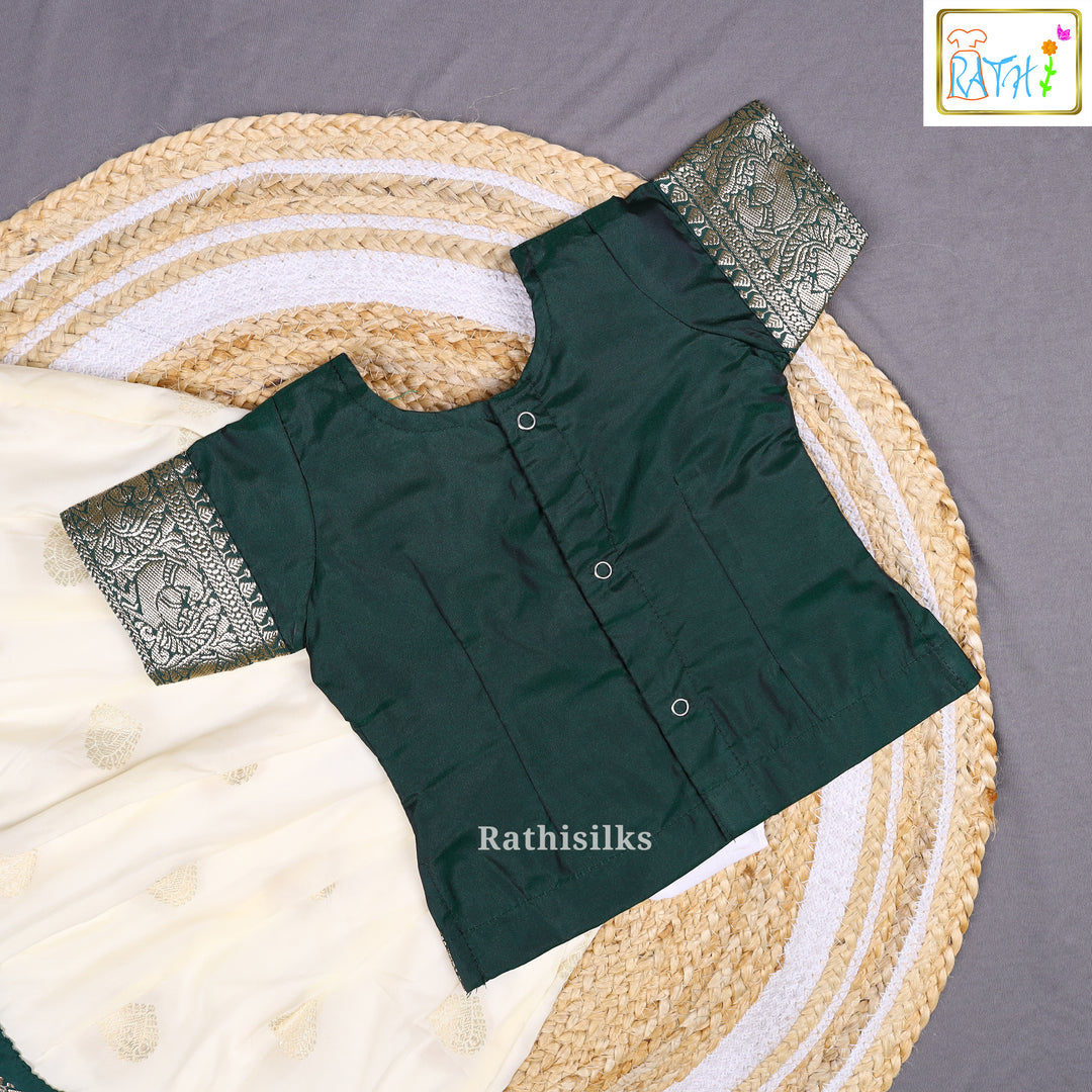 Bottle Green Art Silk Top with Cream Art Silk Pavadai Set