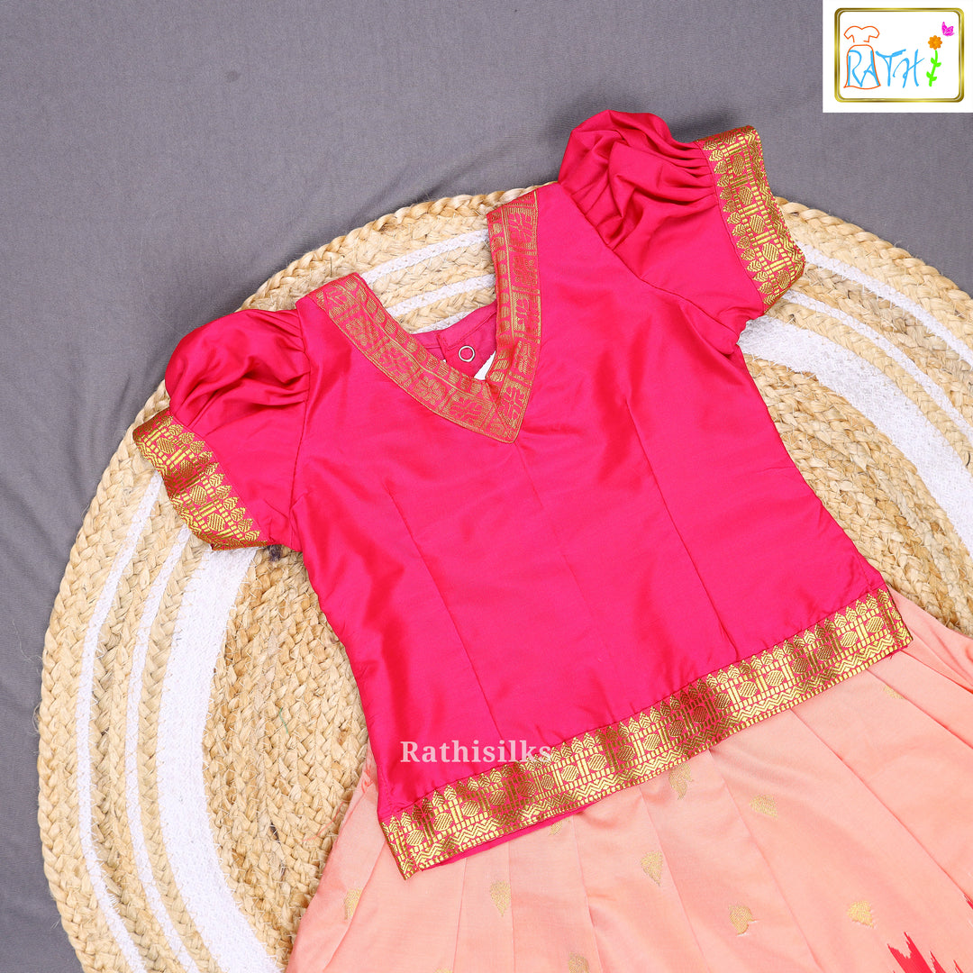 Pink Art Silk Top with Peach Art Silk Pavadai Set