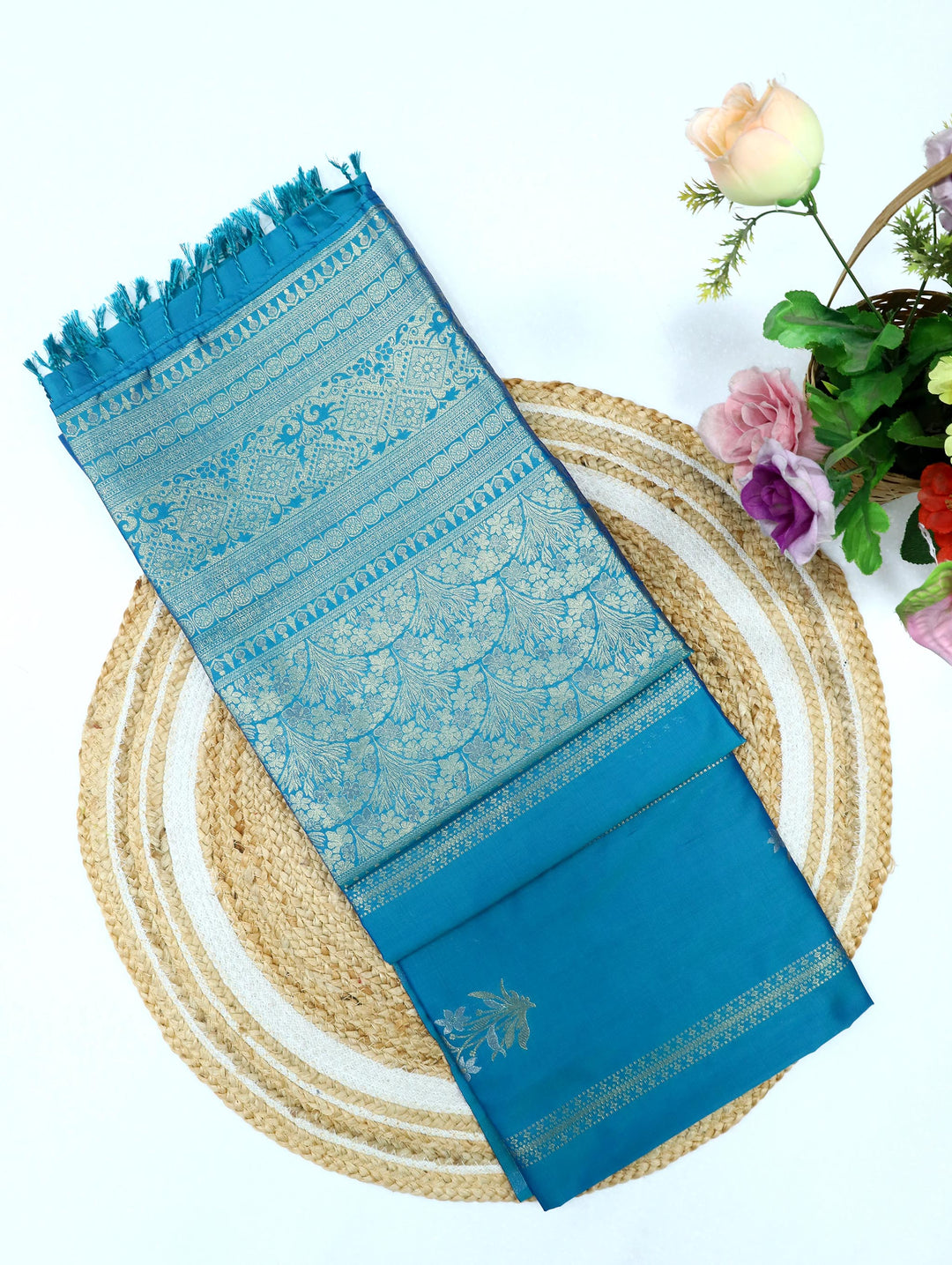Tarangini - Turquoise Blue Synthetic Art Saree