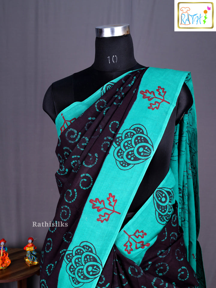 Elegant Black and Teal Pure Cotton Saree