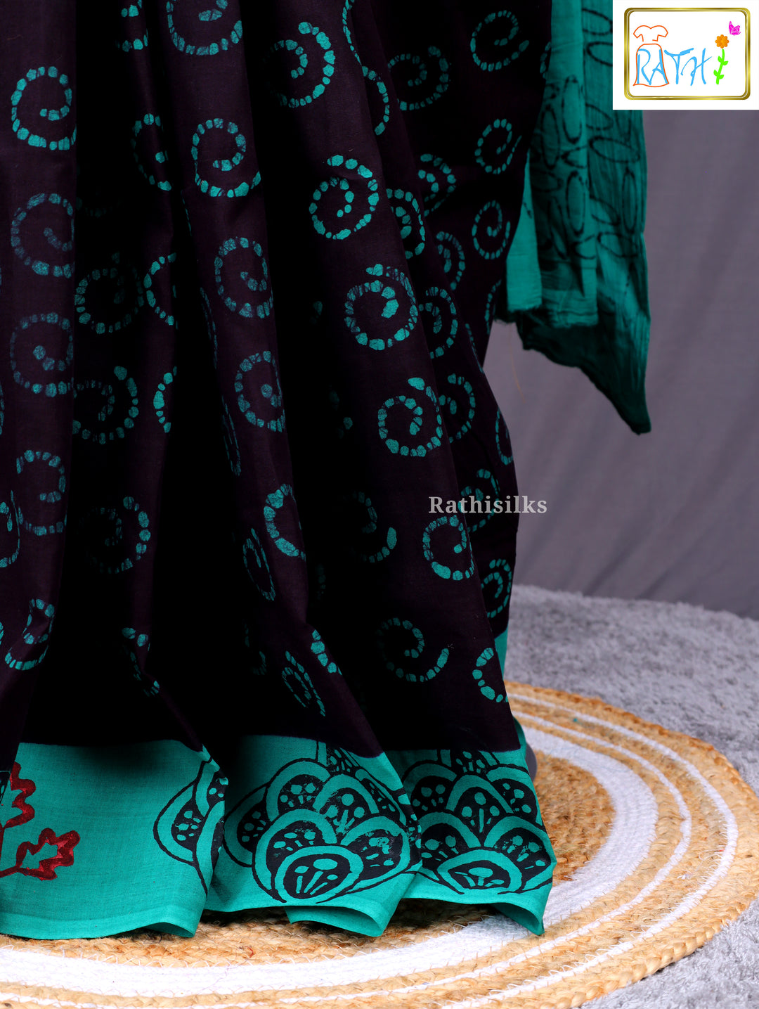 Elegant Black and Teal Pure Cotton Saree