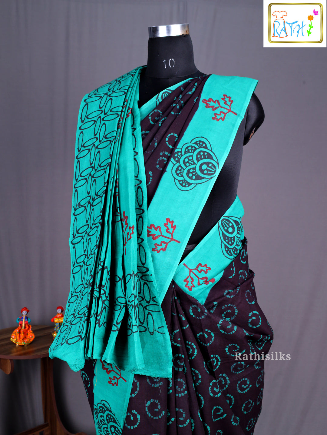 Elegant Black and Teal Pure Cotton Saree