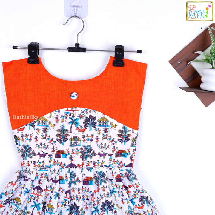 Charming Orange & White Mangalagiri Cotton Short Frock