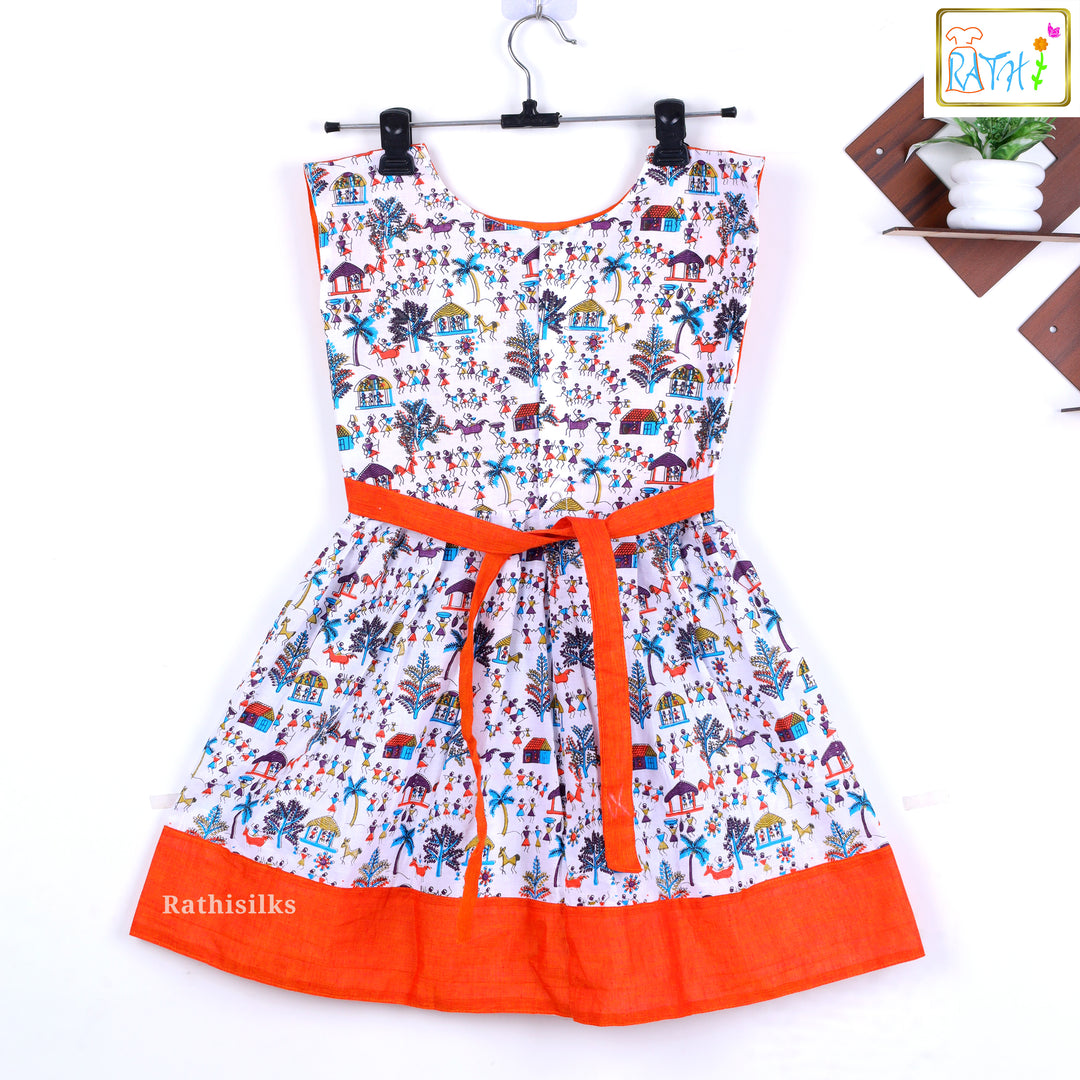 Charming Orange & White Mangalagiri Cotton Short Frock