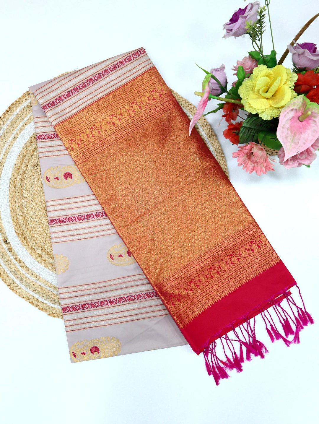 Ilavarasi — Grey Pink Tana Art Silk Saree