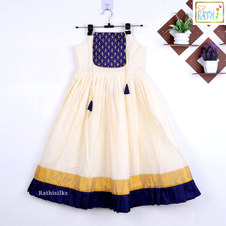 Elegant Cream & Navy Blue Party Frock