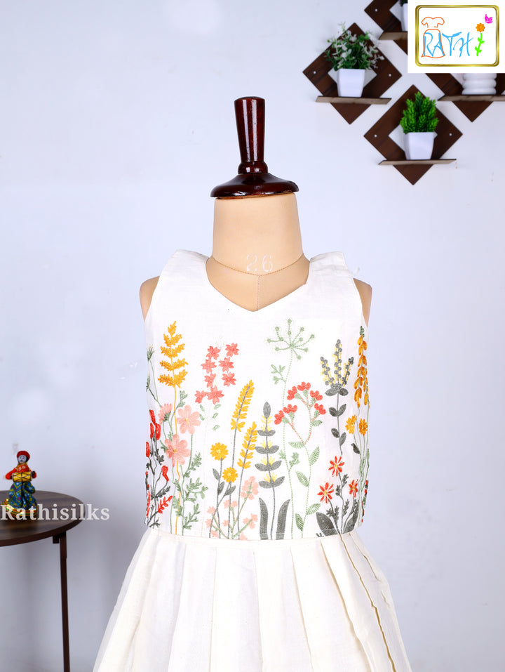 Ivory Embroidered Cotton Top with Cotton Pavadai Set