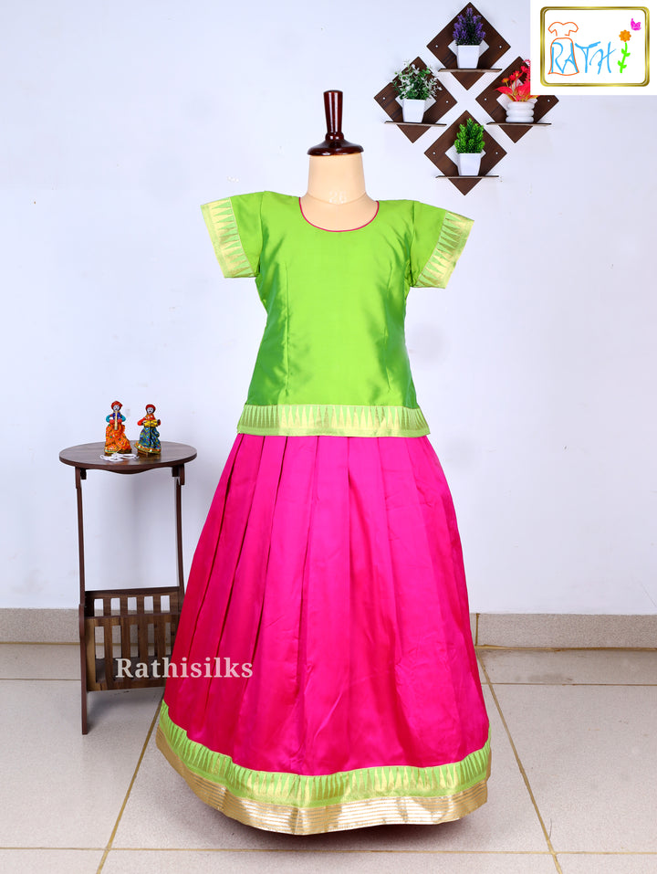 Parrot Green Karishma Top with Pink Art Silk Pavadai Set