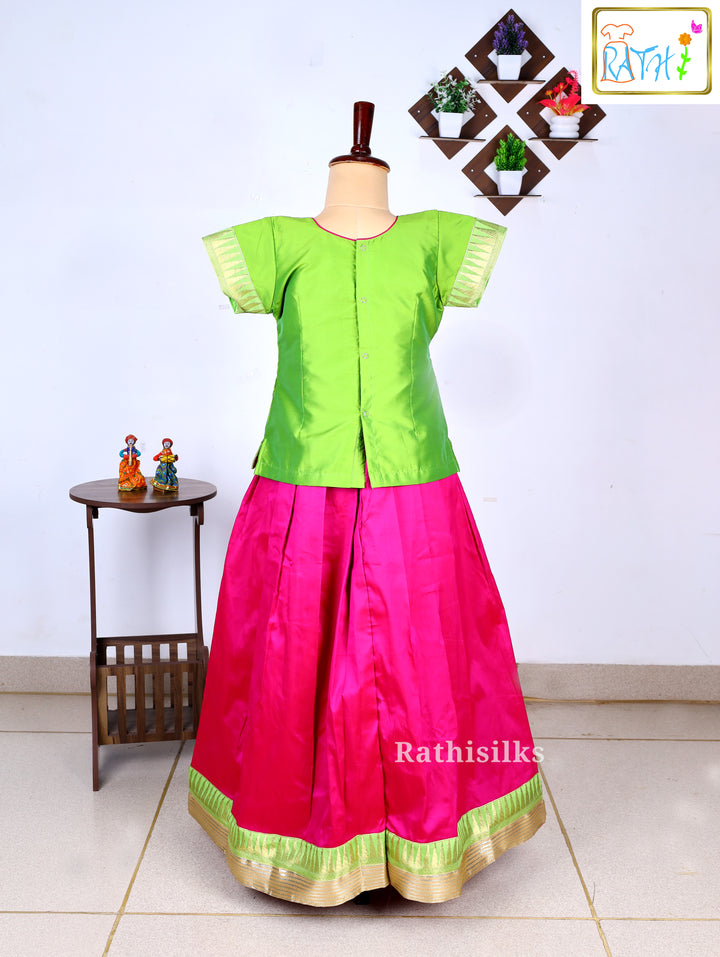 Parrot Green Karishma Top with Pink Art Silk Pavadai Set
