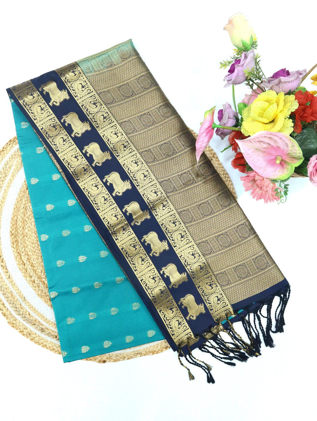 Kanaga — Peacock Green Tana Art Silk Saree