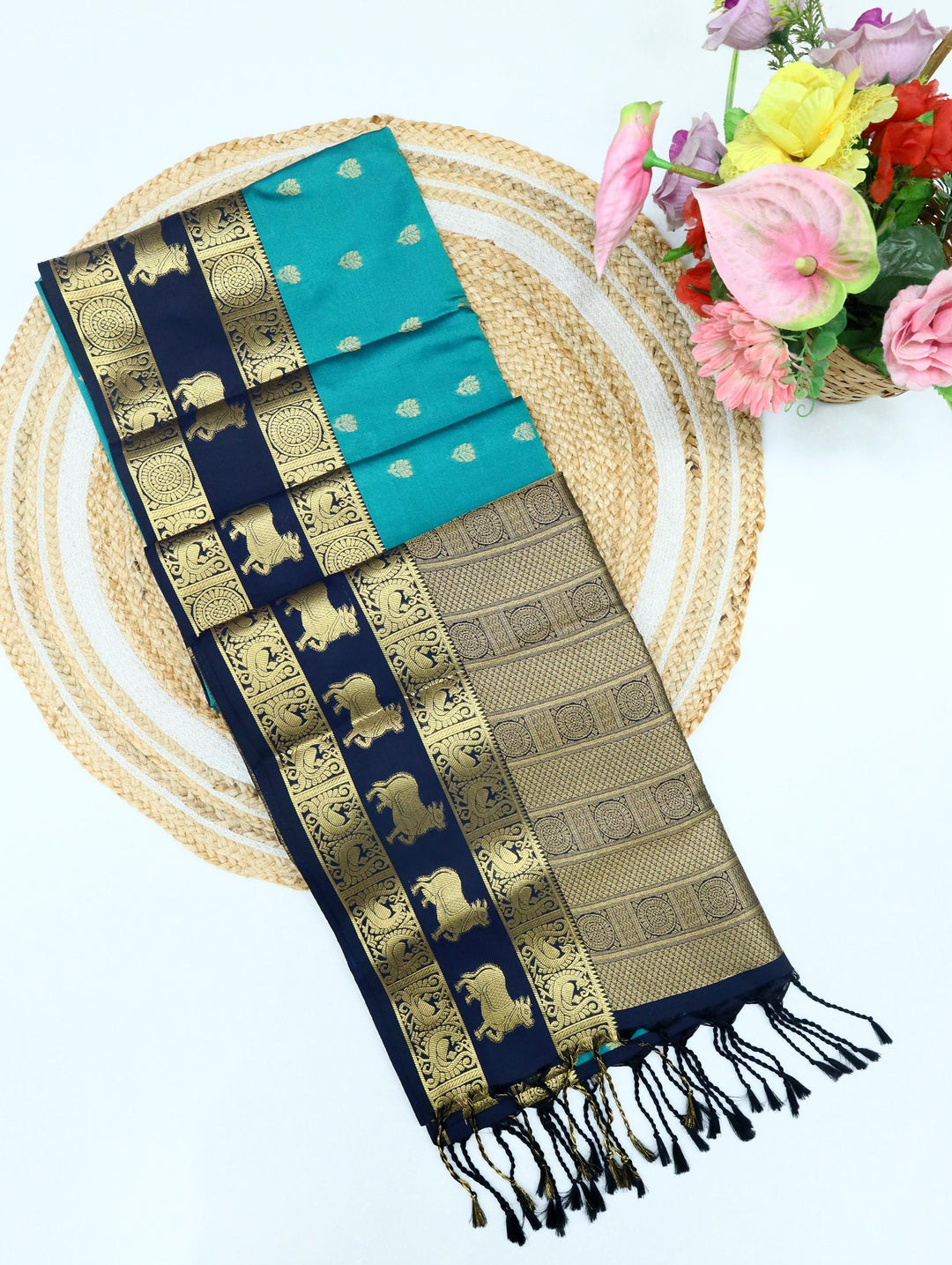 Kanaga — Peacock Green Tana Art Silk Saree