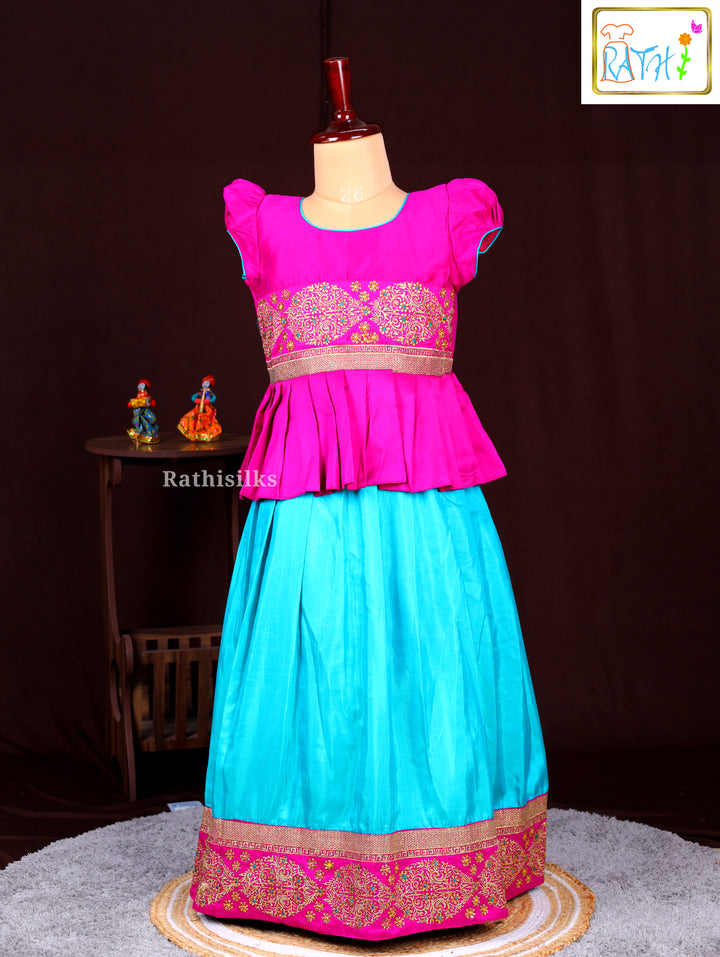 Girls’ Pink & Blue Art Silk Pavadai Sattai