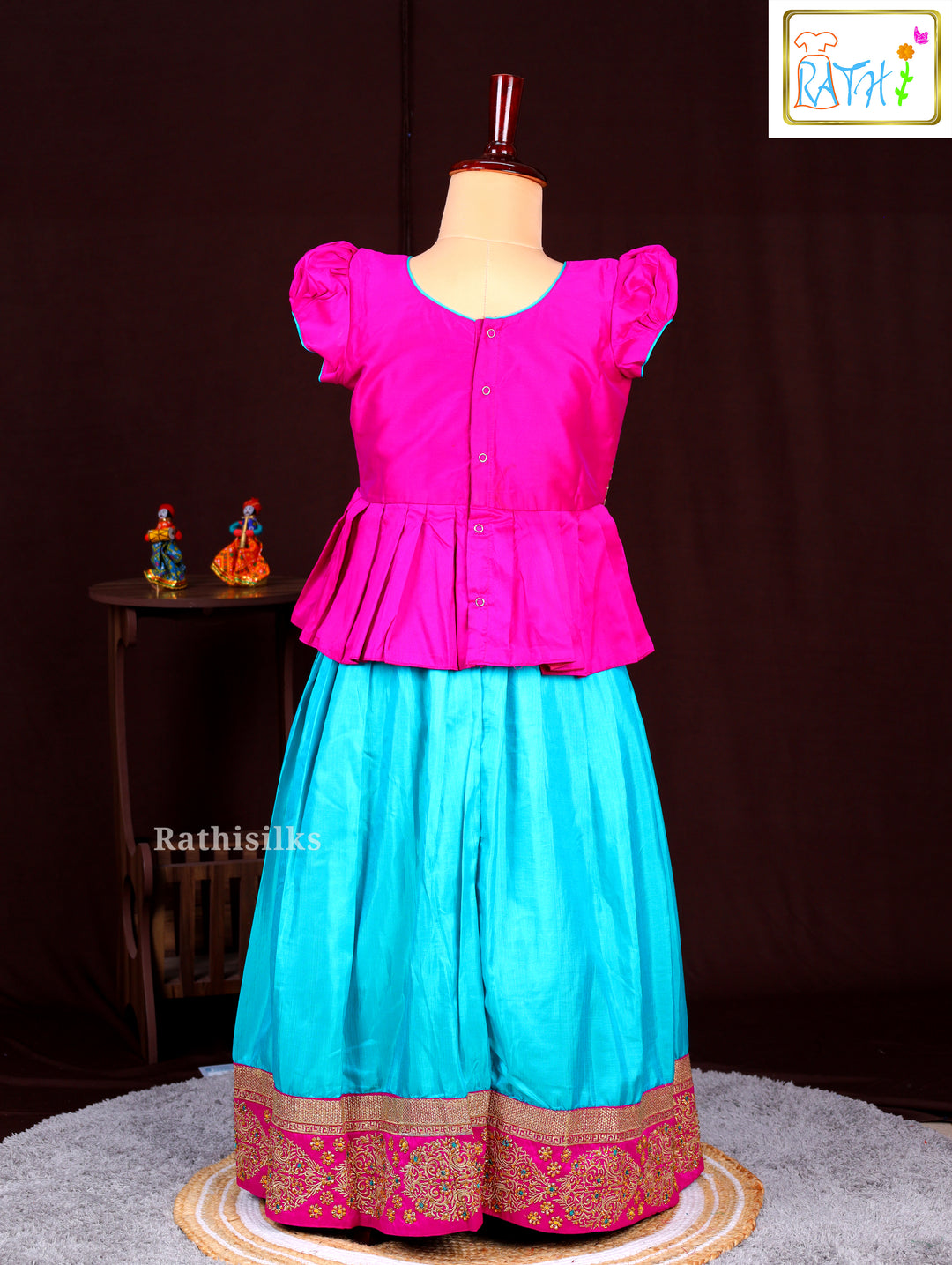 Girls’ Pink & Blue Art Silk Pavadai Sattai