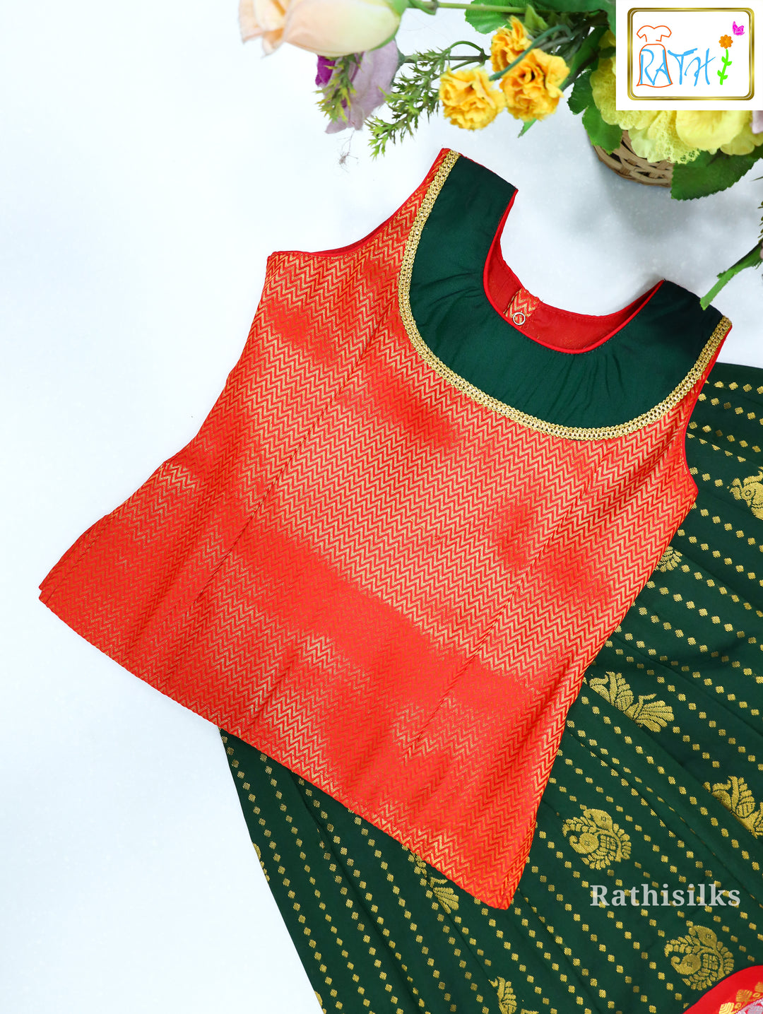 Designer Green & Red Art Silk Pavadai Set