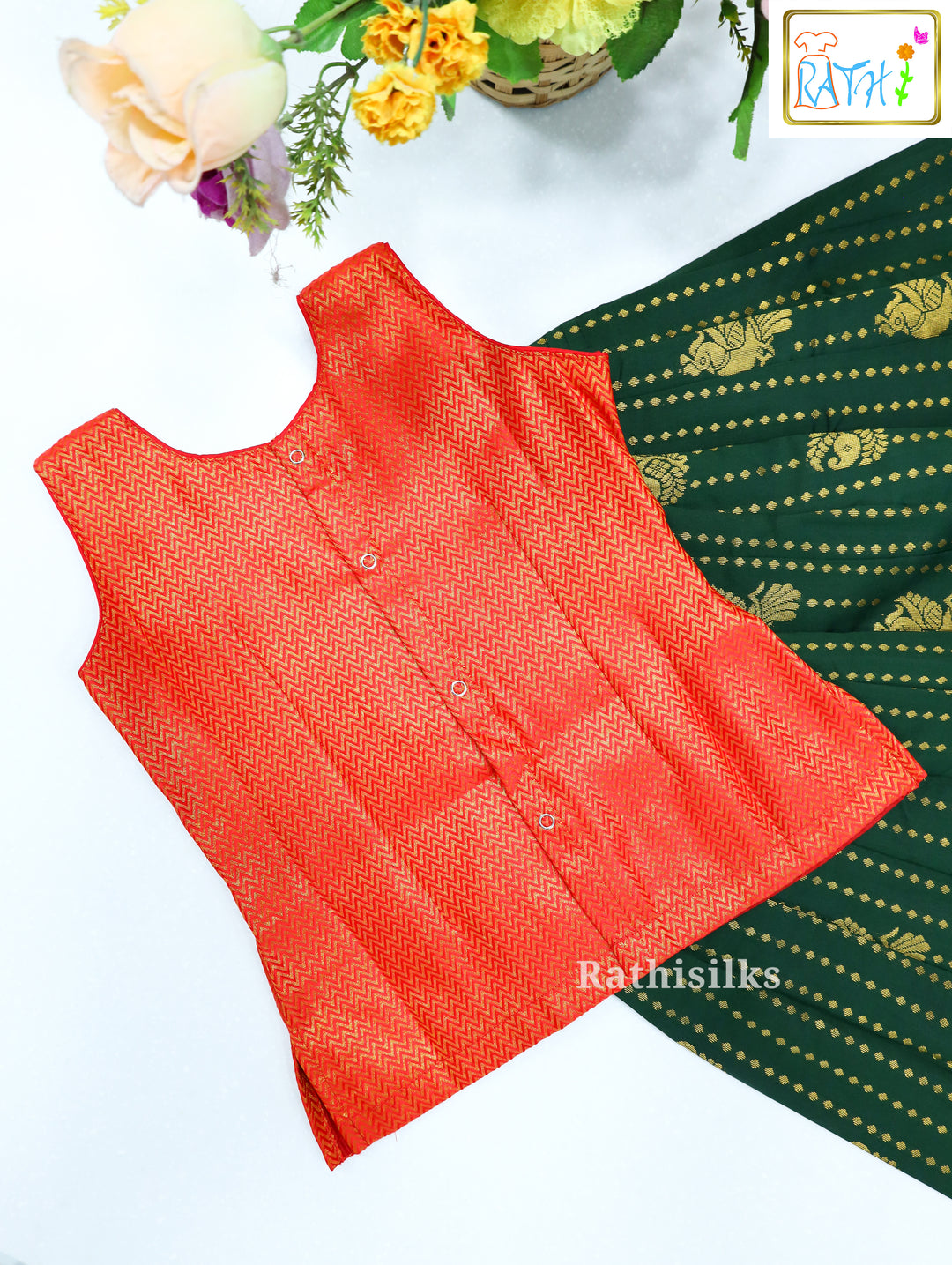 Designer Green & Red Art Silk Pavadai Set