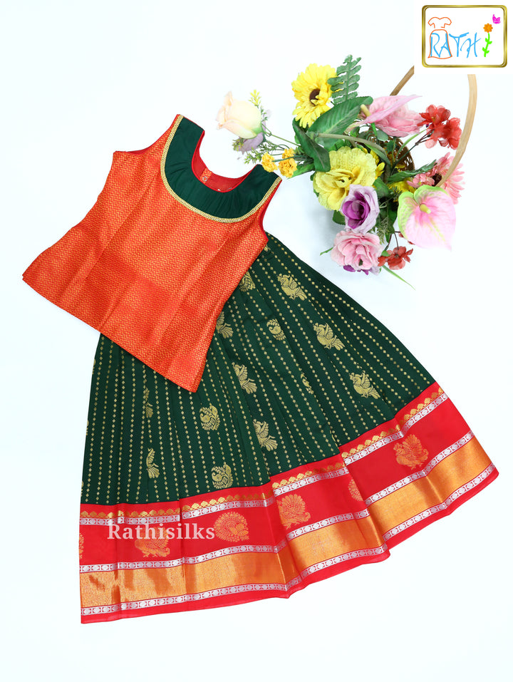 Designer Green & Red Art Silk Pavadai Set