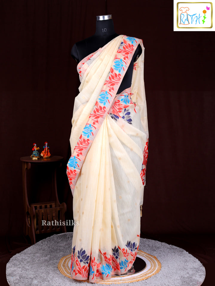 Elegant Cream Synthetic Cotton Saree