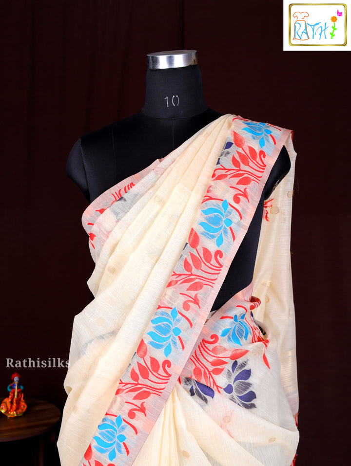 Elegant Cream Synthetic Cotton Saree