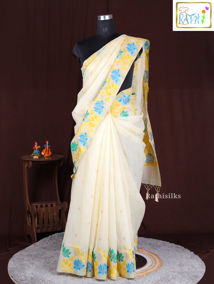 Elegant Cream Synthetic Cotton Saree